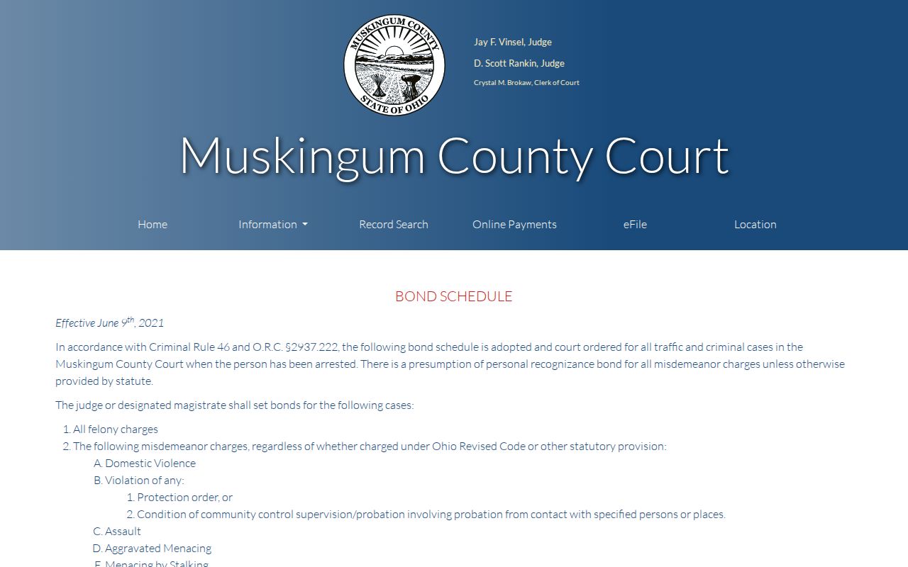 Muskingum County release and bond schedule
