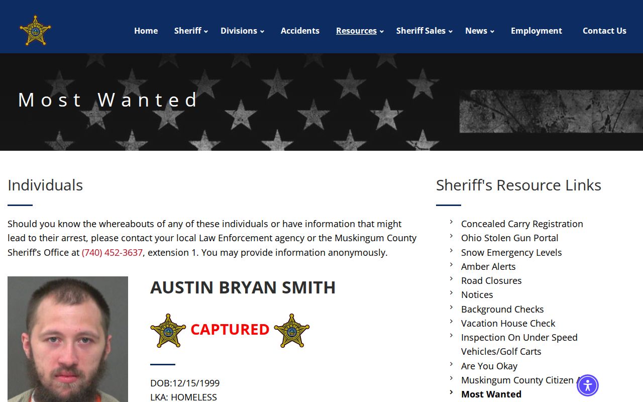 Muskingum County probation violation and warrant records page