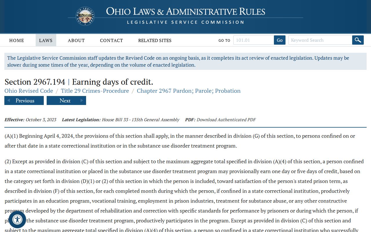 Ohio earned credit law affecting Muskingum County projected release dates