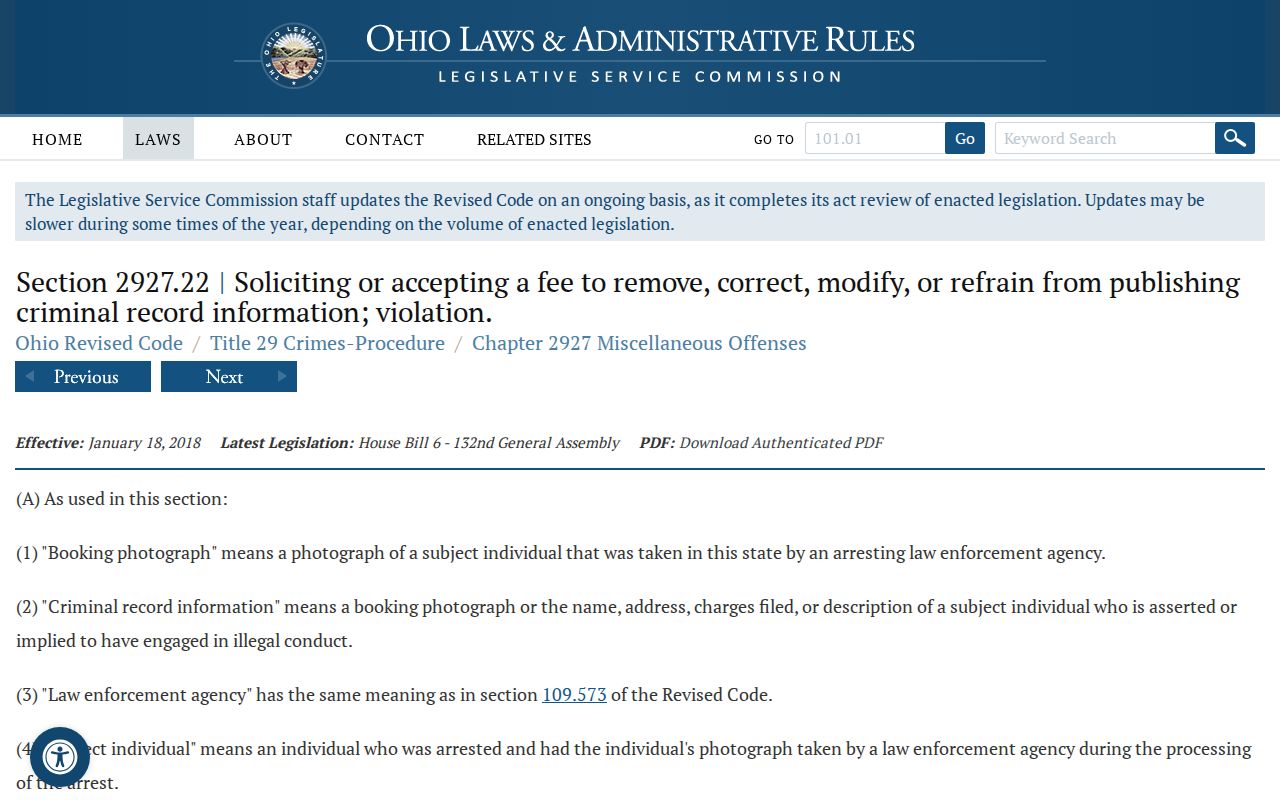 Ohio law affecting Muskingum County released inmate mugshot payment removal