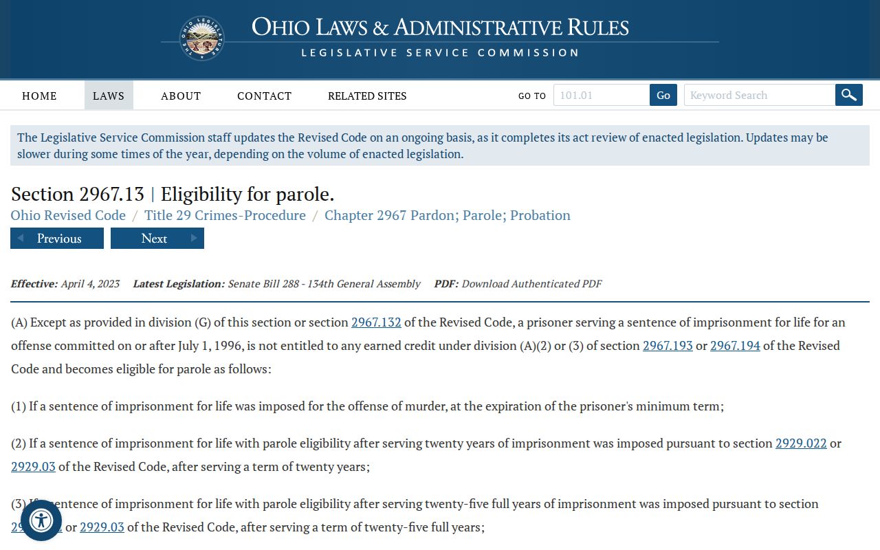 Ohio parole eligibility law for Muskingum County release supervision