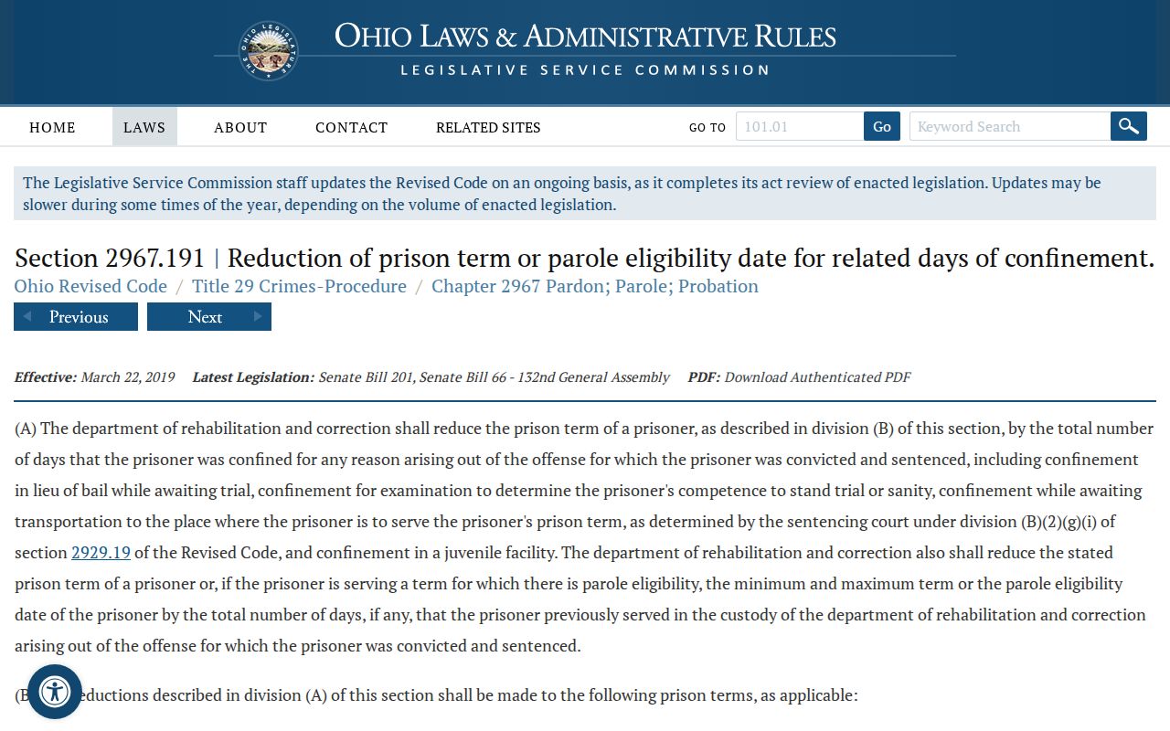 Ohio prior confinement credit for a Muskingum County inmate release date
